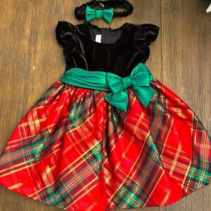 Bonnie Jean Holiday Christmas Dress - Classic Plaid with velvet headband 24M